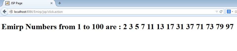 Figure : Result page (next.jsp) – displays all the emirp numbers.