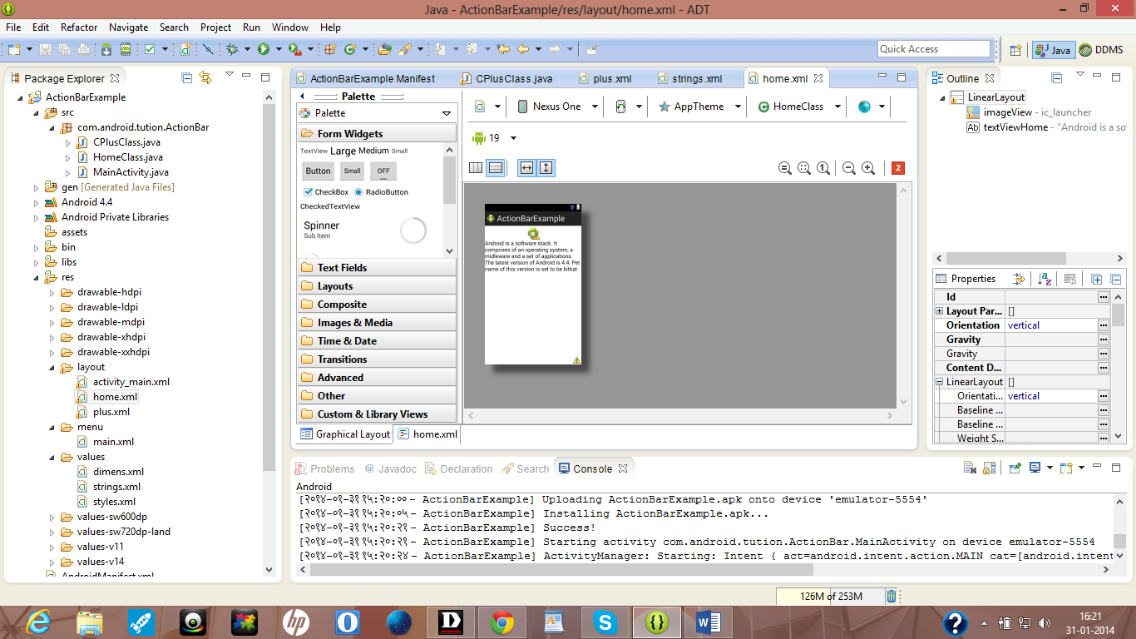Graphical layout of home.xml file for Android Action Bar Example
